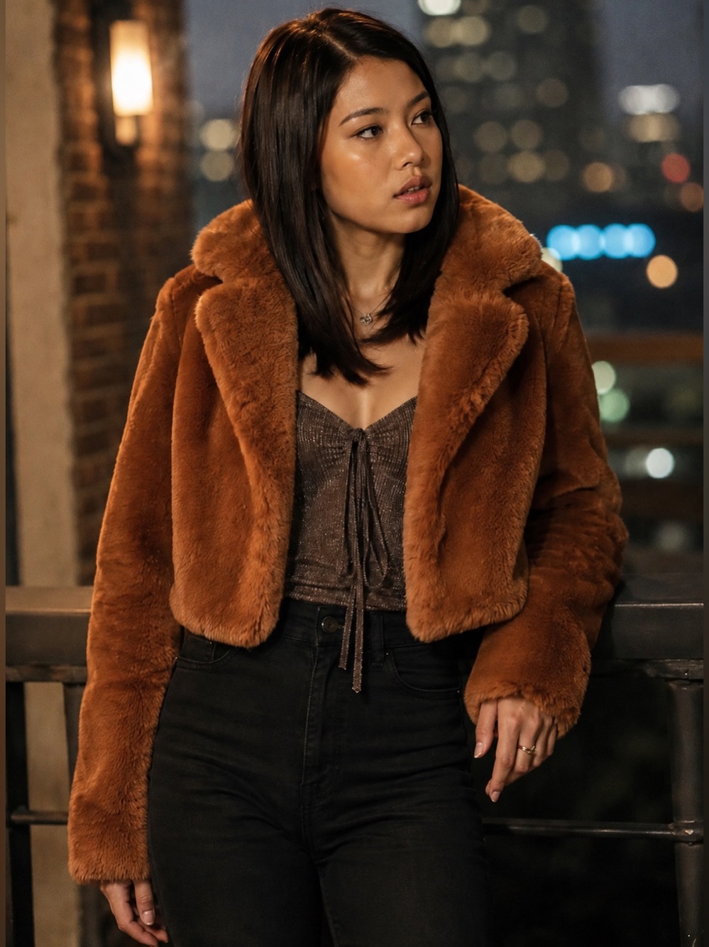 Tell Me Lies Diana Screen Worn Brown Faux Fur Cropped Jacket Plush Coat S